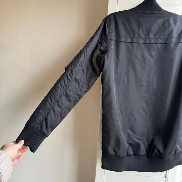 Obey Rose Embroidery Fleece-Lined Longline Black Bomber Jacket size M - Picture 4 of 12